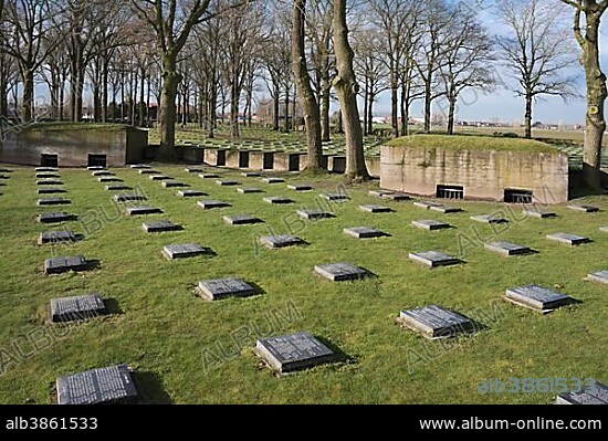 German military cemetery Langemark, gravestones and bunkers, First World War, Langemark Poelkapelle, West Flanders, Flanders, Belgium, Europe.