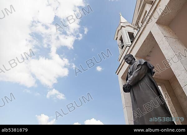 Colle Don Bosco, statue of Don Bosco, founder of the religious order, Don Bosco pilgrimage centre, pilgrimage church, Castelnuovo Don Bosco, Monferrato, Piedmont, Italy, Europe.