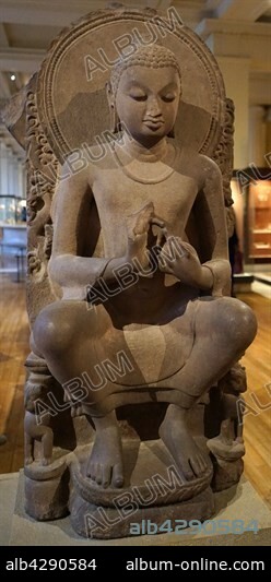 Stone carving of a seated Buddha from Sarnath, India. Dated 5th Century.