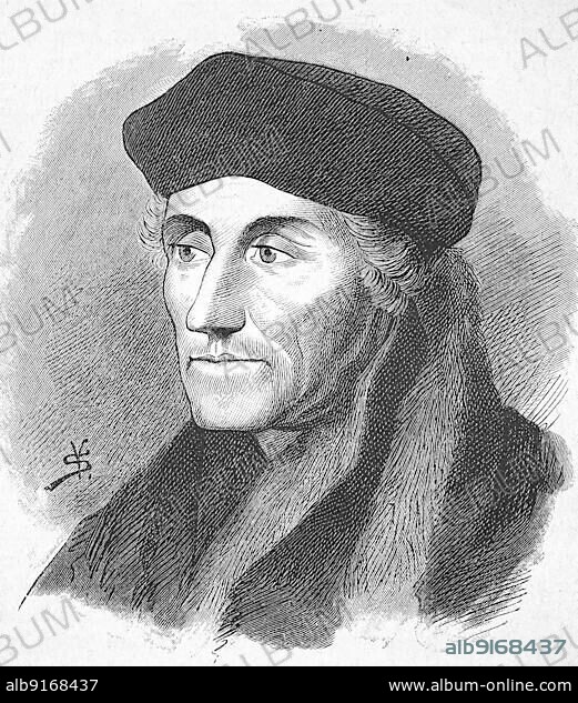 Erasmus (Desiderius) of Rotterdam (born 27 October 1466/1467/1469) (died 12 July 1536) was an important Dutch scholar of European humanism. He was a theologian, philosopher, philologist and author, Historical, digitally restored reproduction of a 19th century original, exact original date unknown.