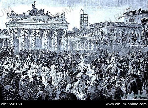 Der Kaiser wird von den Ehrenjungfrauen bei seinem Einzug in Berlin, am 16. Juni 1871, am Brandenburger Tor, Deutschland, digitale verbesserte Datei eines Originaldrucks aus dem 19. Jahrhundert.