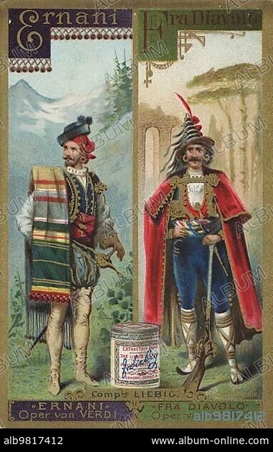 Ernani; opera by Verdi and Fra Diavolo; opera by Auber; digitally restored reproduction of a public domain collector's picture from ca 1900; Liebig picture series Alphabet II; opera figures (1892).