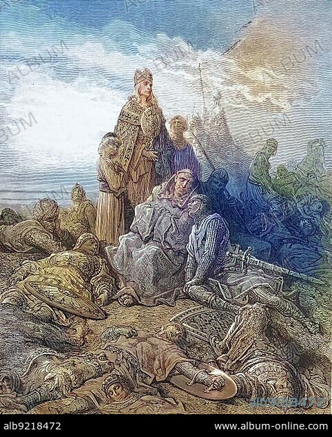 The badly wounded knight confessing next to a priest, Second Crusade, Crusades were strategically, religiously and economically motivated wars sanctioned by the Latin Church between 1095-99 and the 13th century, Historic, digitally restored reproduction of a 19th century original, exact original date not known.