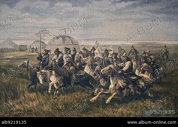 Wedding celebration in the Kalmyks, Republic of Kalmykia in the Kalmyk Steppe, on the western shore of the Caspian Sea, Historic, digitally restored reproduction of an original 19th century print.