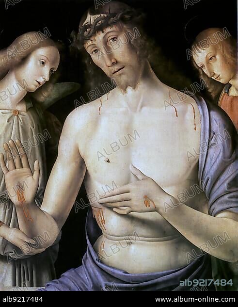 Man of Sorrows with Two Angels, c. 1490, Jesus Christ surrounded by two angels, painting by Giovanni Santi, 1435 to 1494, an Italian painter of the Umbrian school and father of Raphael, Historical, digitally restored reproduction of a 19th century original, exact date unknown.