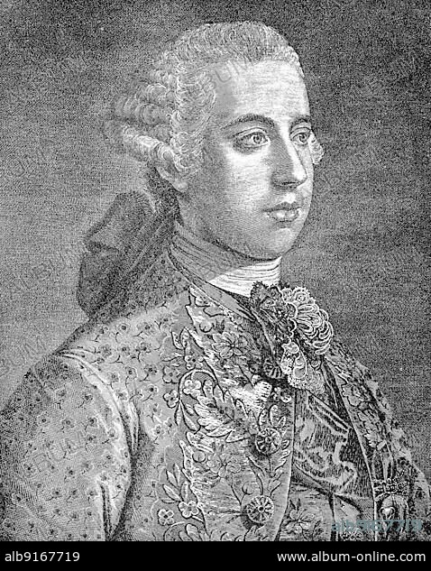 Joseph II Benedict August Johann Anton Michael Adam (born 13 March 1741) (died 20 February 1790), was a prince of the Habsburg-Lorraine dynasty, Archduke in the Archduchy of Austria, became Roman-German King in 1764 and was Holy Roman Emperor from 1765 to 1790, Historic, digitally restored reproduction of a 19th century original, exact original date unknown.