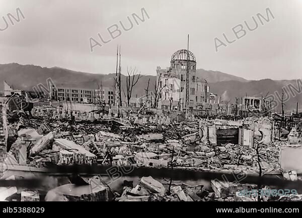 Historical black and white photography, ruins with atomic bomb dome after dropping the Hiroshima atomic bomb, Hiroshima Peace Memorial Museum, Hiroshima Peace Park, Peace Memorial Park, Hiroshima, Japan, Asia.
