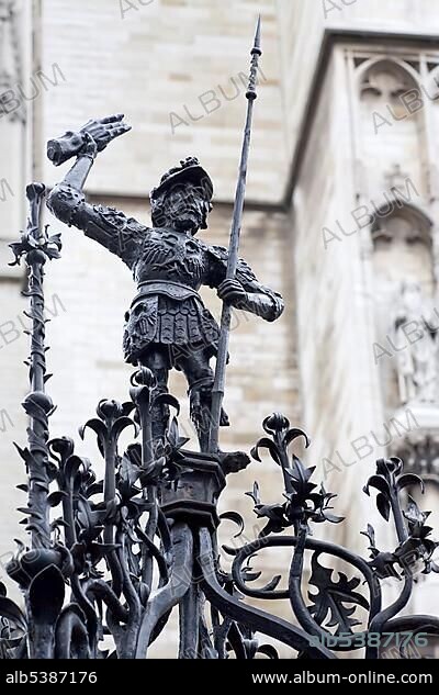 Wrought iron fountain figure, roman soldier Brabo with cut off hand of the giant Antigonus, antwerp, Belgium, Europe.
