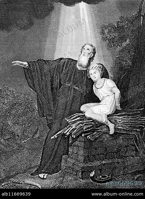 Abraham sacrifices his bound son Isaac, sacrificial altar, fear of God, rays of light from heaven, First Book of Moses, Chapter 12, Old Testament, Bible, historical illustration 1854.