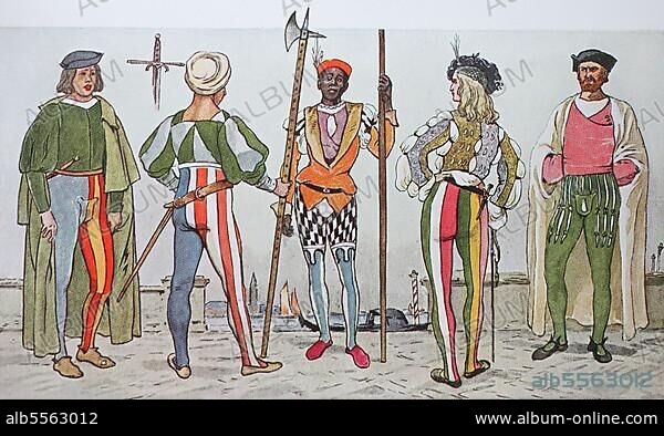 Kleidung, Mode in Italien zur Zeit der Hochrenaissance um 1500, von links, ein junger Mann aus Padua, ein Soldat mit Turban, ein venezianischer Neger als Gondelführer und ein junger Mann aus Siena, digital restaurierte Reproduktion einer Originalvorlage aus dem 19. Jahrhundert.