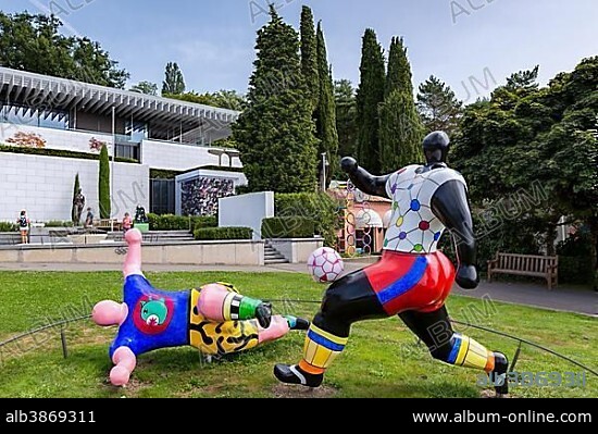 Sculpture The footballers, by Niki de Saint-Phalle, Olympic Museum, Le Musee Olympique, Lausanne, Switzerland, Europe.