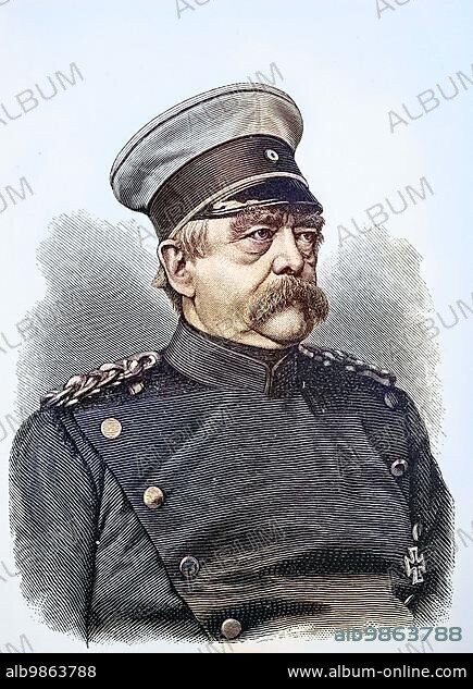Portrait of Otto Eduard Leopold Prince of Bismarck, Duke of Lauenburg, 1 April 1815, 30 July 1898, known as Otto von Bismarck, was a conservative Prussian statesman who dominated German and European affairs from the 1860s to 1890 and was the first Chancellor of the German Empire between 1871 and 1890, digital improved reproduction of an original 19th century print.