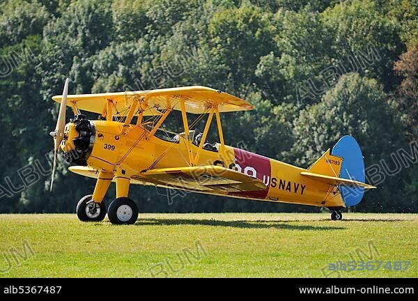 Biplane Boeing Stearman PT-17, Europe's largest meeting of vintage planes at Hahnweide, Kirchheim-Teck, Baden-Wuerttemberg, Germany, Europe.