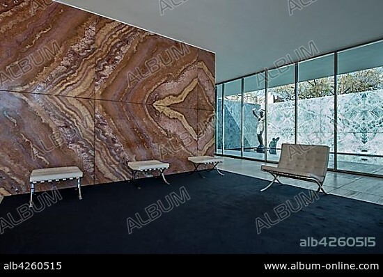 Barcelona pavilion with Barcelona chairs, architect Ludwig Mies van der Rohe, Barcelona, Spain.