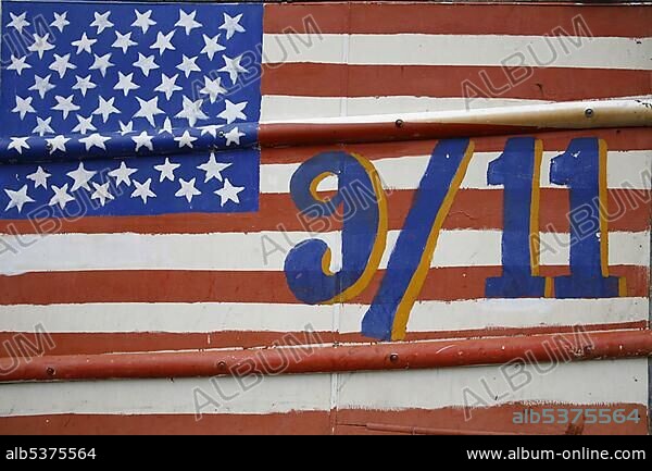 9/11 flag painted on a garage door, New York, USA, North America.