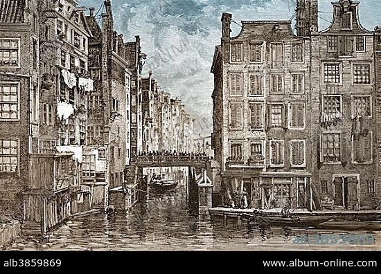 Historic drawing, Jodenbuurt or Jewish quarter, 19th Century, Amsterdam, province of North Holland, The Netherlands, Europe.