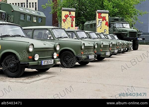 Old GDR Trabant cars modelled after army vehicles available for city tours, Berlin, Germany, Europe.
