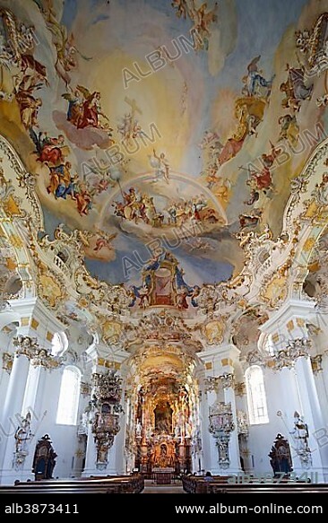 Interior, Wieskirche church or Pilgrimage Church of Wies, UNESCO World Heritage Site, Wies, Steingaden, Pfaffenwinkel region, Upper Bavaria, Bavaria, Germany, Europe.