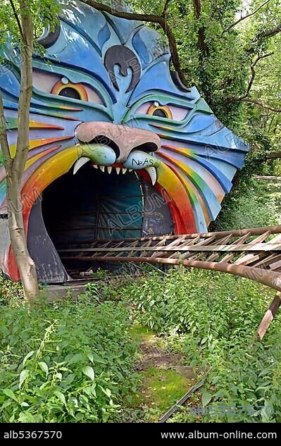 Entrance to the tunnel of the rollercoaster, abandoned Spreepark Berlin amusement park, formerly known as Kulturpark Plaenterwald in the German Democratic Republic, Germany, Europe.