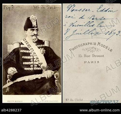 Portrait of Nasseredin Shah (1831-1896). king of Persia (Iran) as from 1848. July 8th, 1873. Size : visiting card.