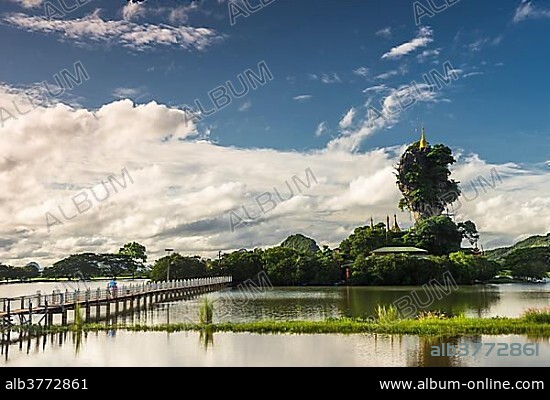 Kyauk Kalap pagoda on a rock, bridge across artificial lake, monastery, Hpa-an, Kayin or Karen State, Myanmar, Asia.