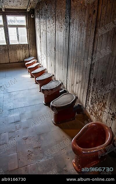 Latrines, toilets and washroom in a prisoners' barrack, Memorial, Concentration camp Sachsenhausen, Oranienburg near Berlin, Germany, Europe.