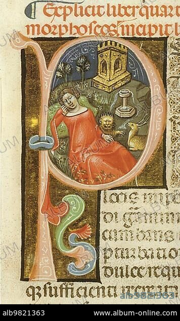 Psyche in Cupid's Grove; 1345 Illustration of the metamorph; Cupid and Psyche; aspects of the mythical love affair between the god Cupid; also known as Cupid; and the mortal daughter of the king; Psyche; Historical; digitally restored reproduction from a 19th century original.