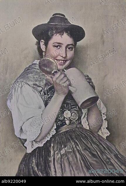 Bavarian woman wearing traditional dirndl and holding a beer stein, 1880, Bavaria, Germany, Historic, digitally restored reproduction of a 19th century original, Europe.