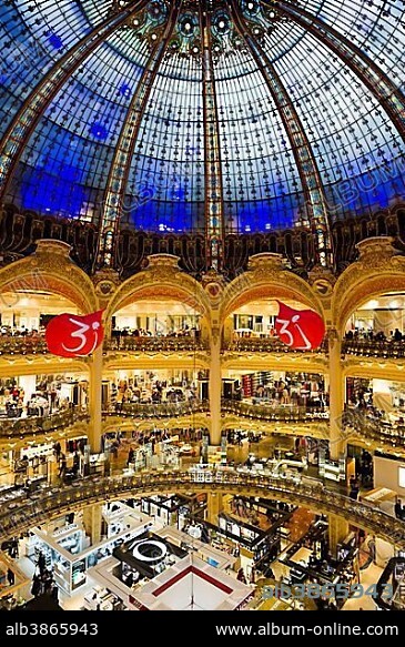 Shopping mall with Art Nouveau dome, Galeries Lafayette, Paris, Ile-de-France, France, Europe.