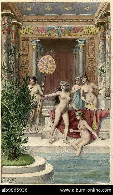 Cleopatra and her servants naked in the palace, after an erotic illustration from the 19th century, Historical, digitally restored reproduction from a 19th century original.
