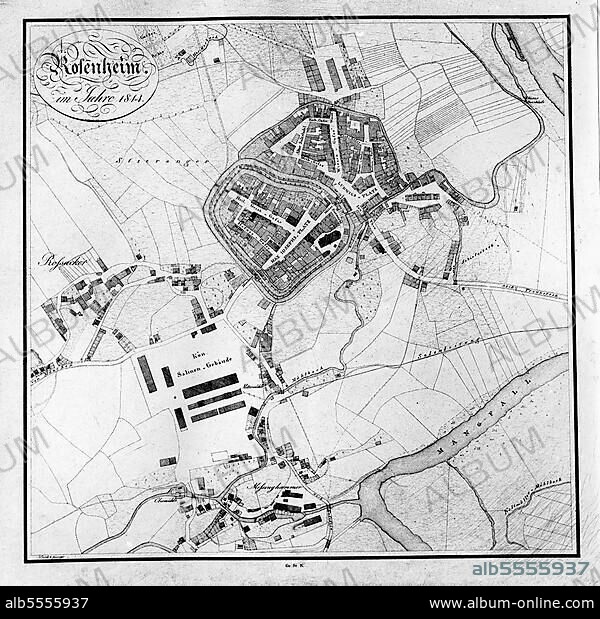 Plan der Stadt Rosenheim von (1814), Oberbayern, Bayern, Deutschland.