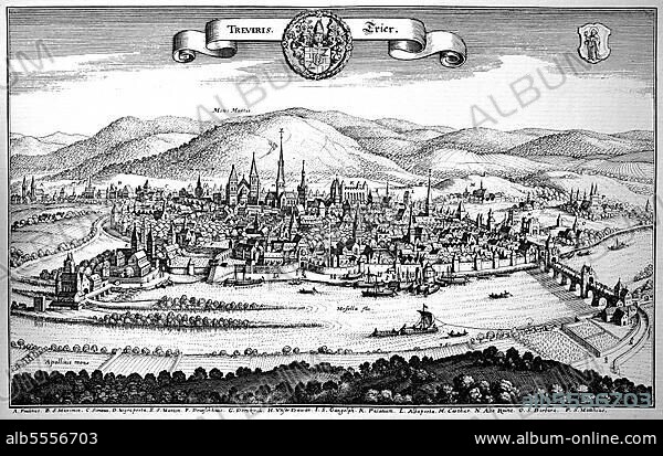 Trier im Mittelalter, Rheinland-Pfalz, Deutschland, Historisch, digital restaurierte Reproduktion einer Originalvorlage aus dem 18. Jahrhundert, genaues Originaldatum nicht bekannt.