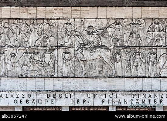 Monumental frieze, Mussolini as a Roman emperor on horseback, Casa del Fascio former party headquarters of the fascists, today a tax office, Gries-Quirein, Bolzano, Trentino-Alto Adige, Italy, Europe.