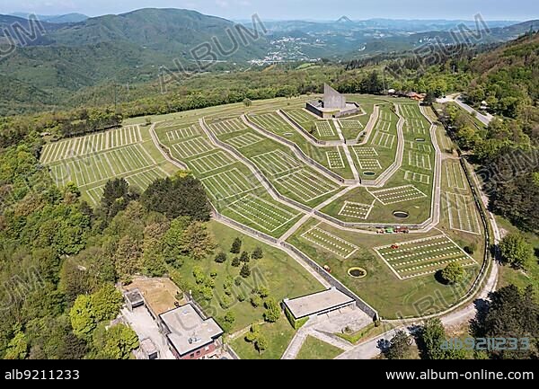 German Military Cemetery Futa Pass, Italian Cimitero militare germanico della Futa, is the largest military cemetery in Italy. According to the German War Graves Commission, 30, 800 German soldiers who died in Italy during the Second World War are buried here, aerial view, Passo Futa, Firenzuola, Italy, Europe.