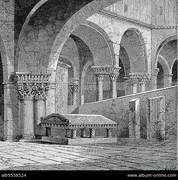 The tomb (later destroyed) of Gottfried of Bouillon in the Church of the Holy Sepulchre in Jerusalem, Israel. Gottfried von Bouillon, Godefroy de Bouillon, also Godefroid de Bouillon, 1060, 18 July 1100, was an army commander in the First Crusade, digitally restored reproduction of a 19th century original, exact date unknown.