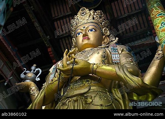 Buddhist statue of Migjid Janraisig in temple of Gandan monastery Ulaan Baatar Mongolia.