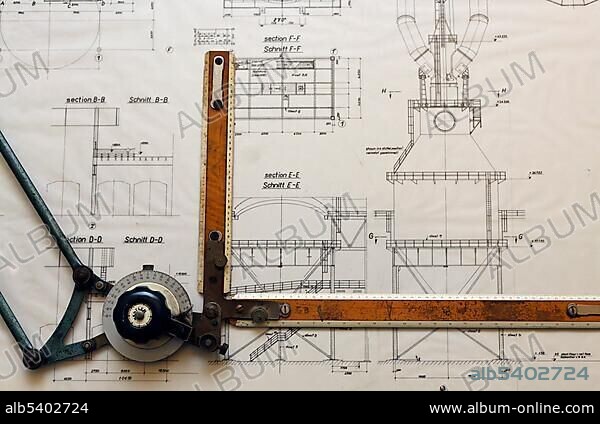 Design drawing of a dust catcher for a blast furnace, drawing board of the construction department of the Gutehoffnungshuette ironworks, GHH group, LVR Industriemuseum industrial museum, Oberhausen, Ruhrgebiet region, North Rhine-Westphalia, Germany, Europe.