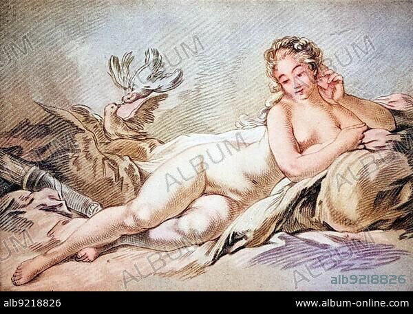 Madame Pompadour, the Maitresse of Louis XV as Venus, nude, nude woman on a bed, tinted red chalk drawing by Francois Boucher, 1850, digitally restored reproduction of an original 19th century master, exact original date not known.