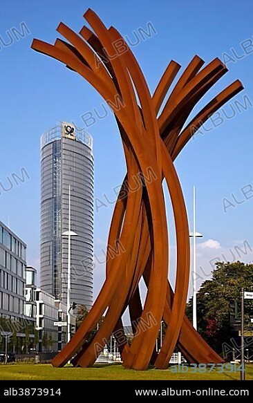 Sculpture Arc 89 in front of the Post Tower, artist Bernar Venet, Helmut-Schmidt-Platz, Bonn, North Rhine-Westphalia, Germany, Europe.