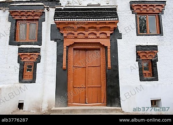 Tibetan Buddhism, door and windows of the monastery entrance, Sankar Gompa Monastery, Leh, Ladakh district, Jammu and Kashmir, India, South Asia, Asia.