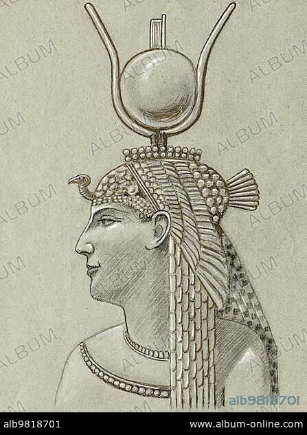 Pharaoh Cleopatra VII born 69 BC; died 12 August 30 BC; ruled Egypt as the last queen of the Macedonian-Greek dynasty of the Ptolemies from 51 BC to 30 BC; Historical; digitally restored reproduction from an original of the period.