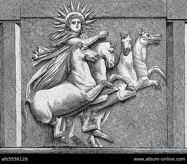 Metope vom Tempel des Apollon in Troja in der Türkei, ca 1870, digital restaurierte Reproduktion einer Originalvorlage aus dem 19. Jahrhundert, genaues Originaldatum nicht bekannt.