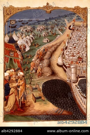 Guillaume de Caoursin, History of the siege of Rhodes (1483). Muhammad II's Great Vizir, probably Miseh Paleologue, leading Turkish operations during the siege of Rhodes.. 15th century. Greece.