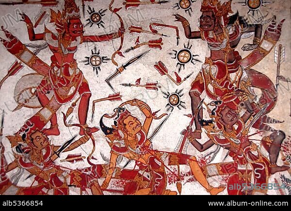 Ceiling painting in the Royal Palace, Battle of the Gods, Kerta Gosa, Taman Gili palace, Klungkung, Semarapura, Bali, Indonesia, Southeast Asia, Asia.