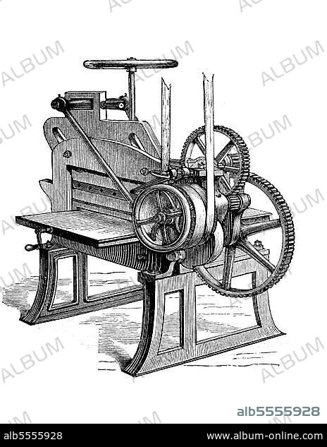 Buchbindereimaschinen 1890: Beschneidemaschine, digital restaurierte Reproduktion einer Originalvorlage aus dem 19. Jahrhundert, Originaldatum nicht bekannt.