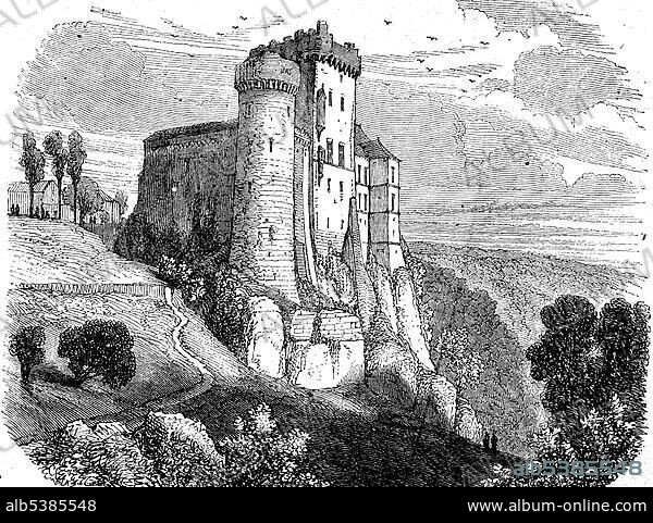 Chateau de Hollenfeltz, 1870, historical woodcut, Luxembourg, Europe.