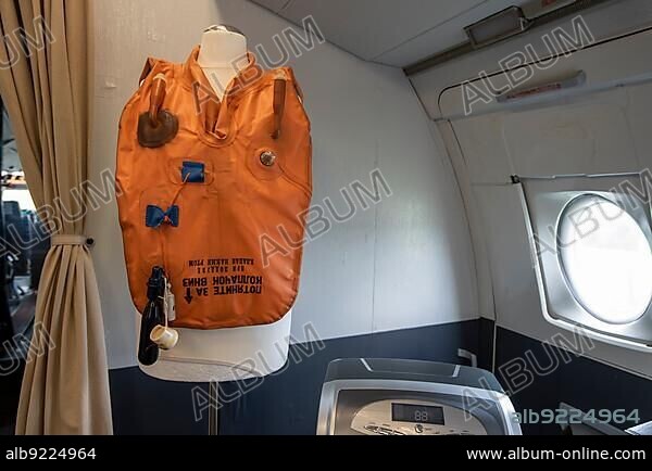 Russian life jacket in the "Lady Agnes", Ilyushin 62 of the airline Interflug, serves as museum and registry office, Stölln, Land Brandenburg, Germany, Europe.