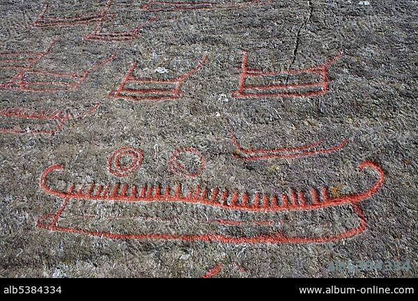 Rock carvings of viking ships, Solbakk, Norway, Scandinavia, Europe.