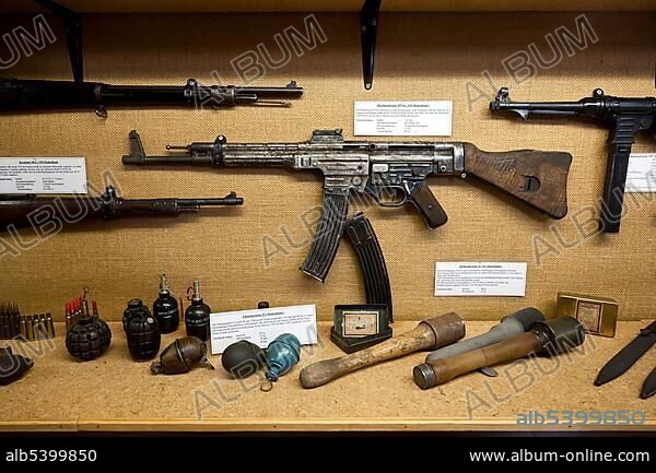 Firearms and hand grenades, Stammheim military museum, Stammheim, Landkreis Schweinfurt county, Lower Franconia, Bavaria, southern Germany, Germany, Europe.