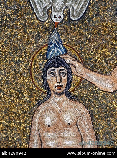 Arian Baptistery in Ravenna (Italy). Dome covered with mosaics. Detail of the scene of the Baptism of Christ: Jesus being baptized, above him, the dove of the Holy Spirit. 6th century.. The Arian Baptistery, built by Theodoric near his cathedral, was rebuilt after the overthrow of the Arian heresy in 561, and was then transformed into an oratory dedicated to the Virgin Mary.